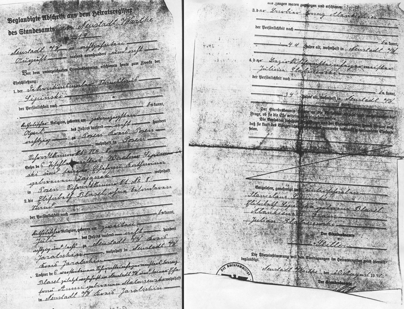 Stanisław Sipiński - Transkrypt odpisu aktu małżeństwa: malarza dekoratora <u>Stanisława Sipińskiego</u>, zam. w Poznaniu przy Rynku Śródeckim 8, syna stolarza Wacława Sipińskiego i Katarzyny z d. Zajączek zamieszkałych w Poznaniu przy Rynku Śródeckim 8 z <u>Elżbietą Blasel</u> zam. w Nowym Mieście nad Wartą pow.Jarocin, bez zawodu, córką mistrza kominiarstwa Franciszka Blasela i Anny z d.Matuszewskiej zamieszkałych w Nowym Mieście nad Wartą, zawartego dnia 20 sierpnia 1908 r. w Nowym Mieście nad Wartą. Świadkowie: Franciszek Alankiewicz, lat 44, fryzjer oraz Julian Glabiszewski, lat 34, mistrz kominiarstwa. Odpis poświadczony i wydany przez urzędnika Stillera, 20 sierpnia 1940 Stanisław Sipiński - Transkrypt odpisu aktu małżeństwa: malarza dekoratora <u>Stanisława Sipińskiego</u>, zam. w Poznaniu przy Rynku Śródeckim 8, syna stolarza Wacława Sipińskiego i Katarzyny z d. Zajączek zamieszkałych w Poznaniu przy Rynku Śródeckim 8 z <u>Elżbietą Blasel</u> zam. w Nowym Mieście nad Wartą pow.Jarocin, bez zawodu, córką mistrza kominiarstwa Franciszka Blasela i Anny z d.Matuszewskiej zamieszkałych w Nowym Mieście nad Wartą, zawartego dnia 20 sierpnia 1908 r. w Nowym Mieście nad Wartą. Świadkowie: Franciszek Alankiewicz, lat 44, fryzjer oraz Julian Glabiszewski, lat 34, mistrz kominiarstwa. Odpis poświadczony i wydany przez urzędnika Stillera, 20 sierpnia 1940