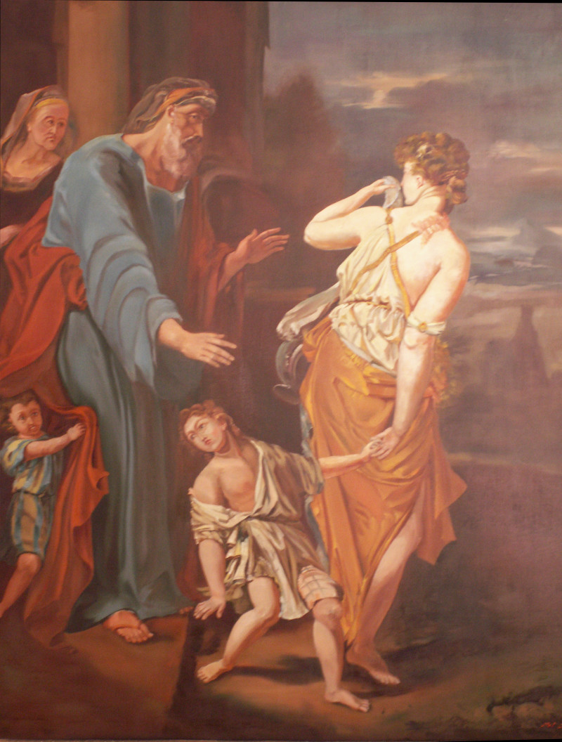 Stanisaw  Sipiski - Obraz olejny, przedstawia biblijn scen wygnania przez Abrahama niewolnicy Hagar z synem Ismaelem. W tle Sara z maym Izaakiem.