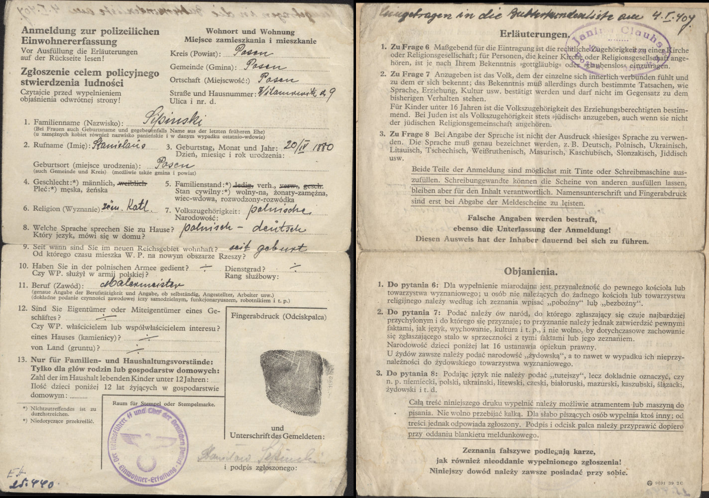 Stanisaw  Sipiski - Karta meldunkowa, 1940