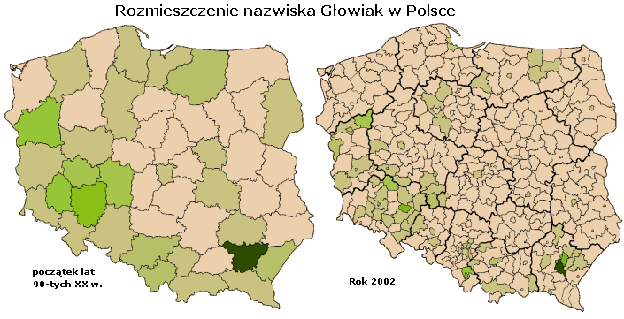 Rozmieszczenie nazwiska Gowiak w latach 90-tych oraz w 2002 roku